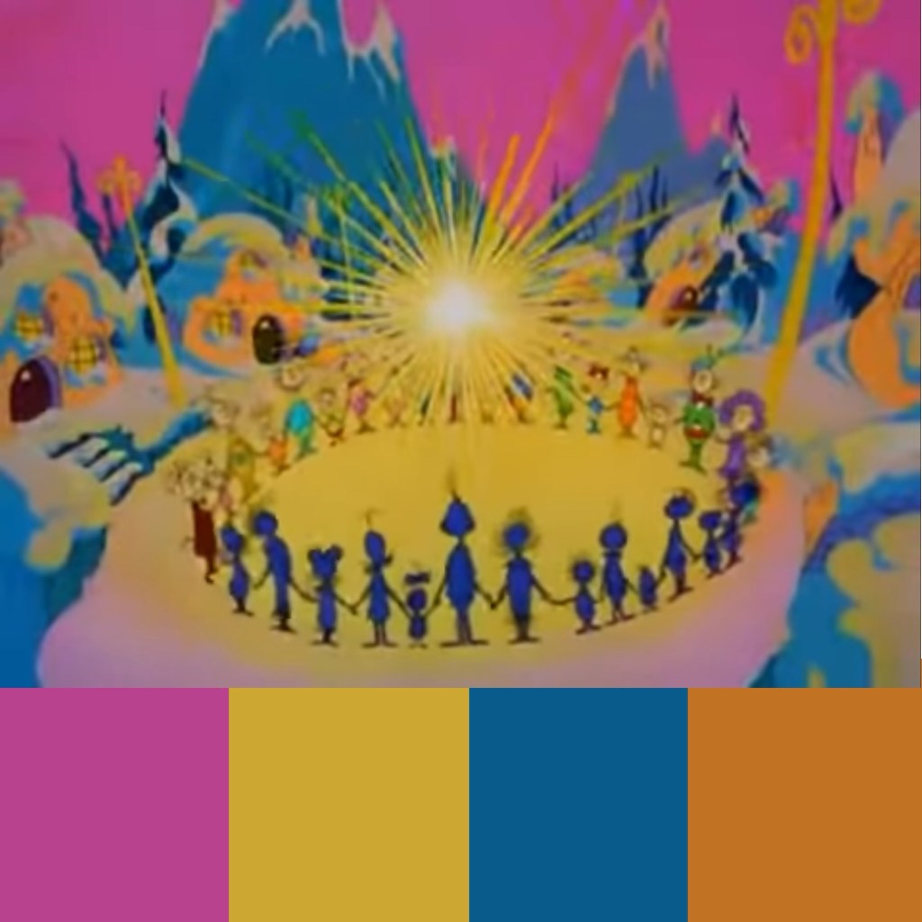 Still from The Grinch of Whos holding hands, with color palette featuring pink, yellow, blue, and orange