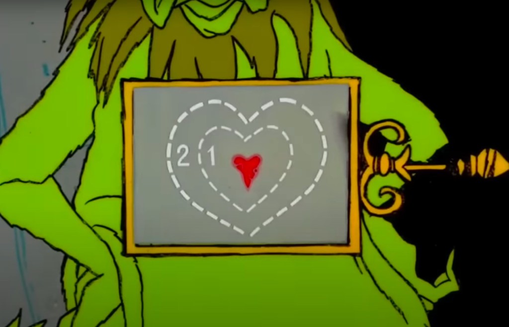 Still from The Grinch who stole Christmas. The Grinch’s heart is being shown two sizes too small. 