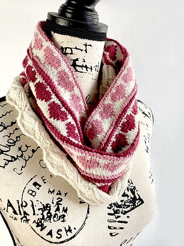White pink and red cowl with heart design