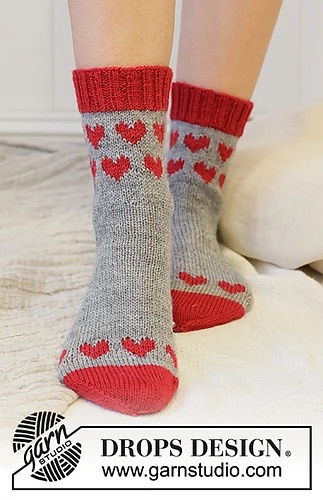 Grey and red socks with heart design